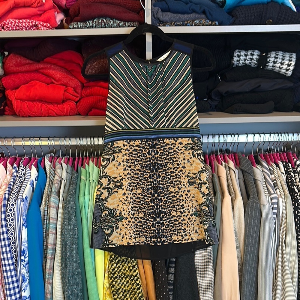 CAbi green/black/yellow striped and leopard print crew neck tunic size XS